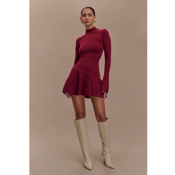 Meshki Dresses & Skirts - MESHKI Blair Long Sleeve Knit Pleated Mini Dress Burgundy - Size S / NWOT